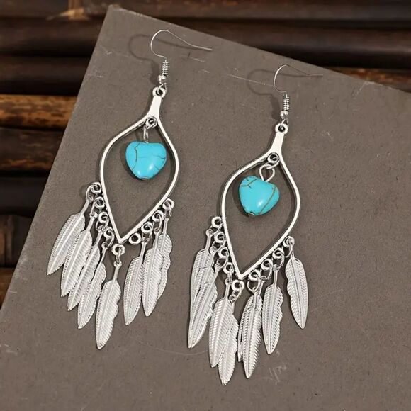 New - Boho Feather Tassel Heart Turquoise Dangle Earrings - Picture 8 of 9